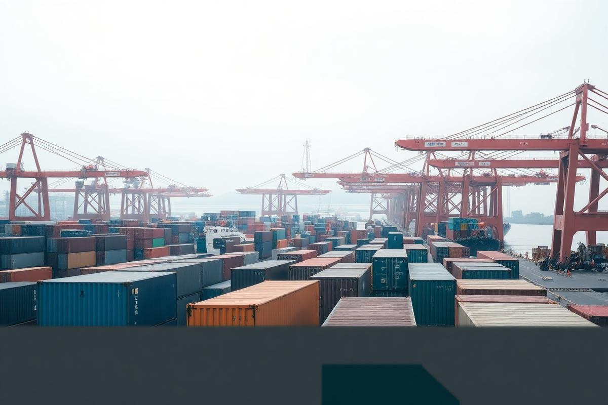 Container terminal at a Malaysian port on an overcast morning