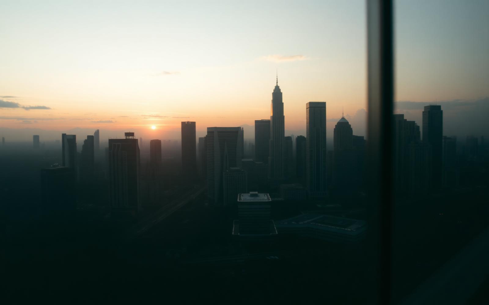 Kuala Lumpur financial district skyline at dawn seen through glass